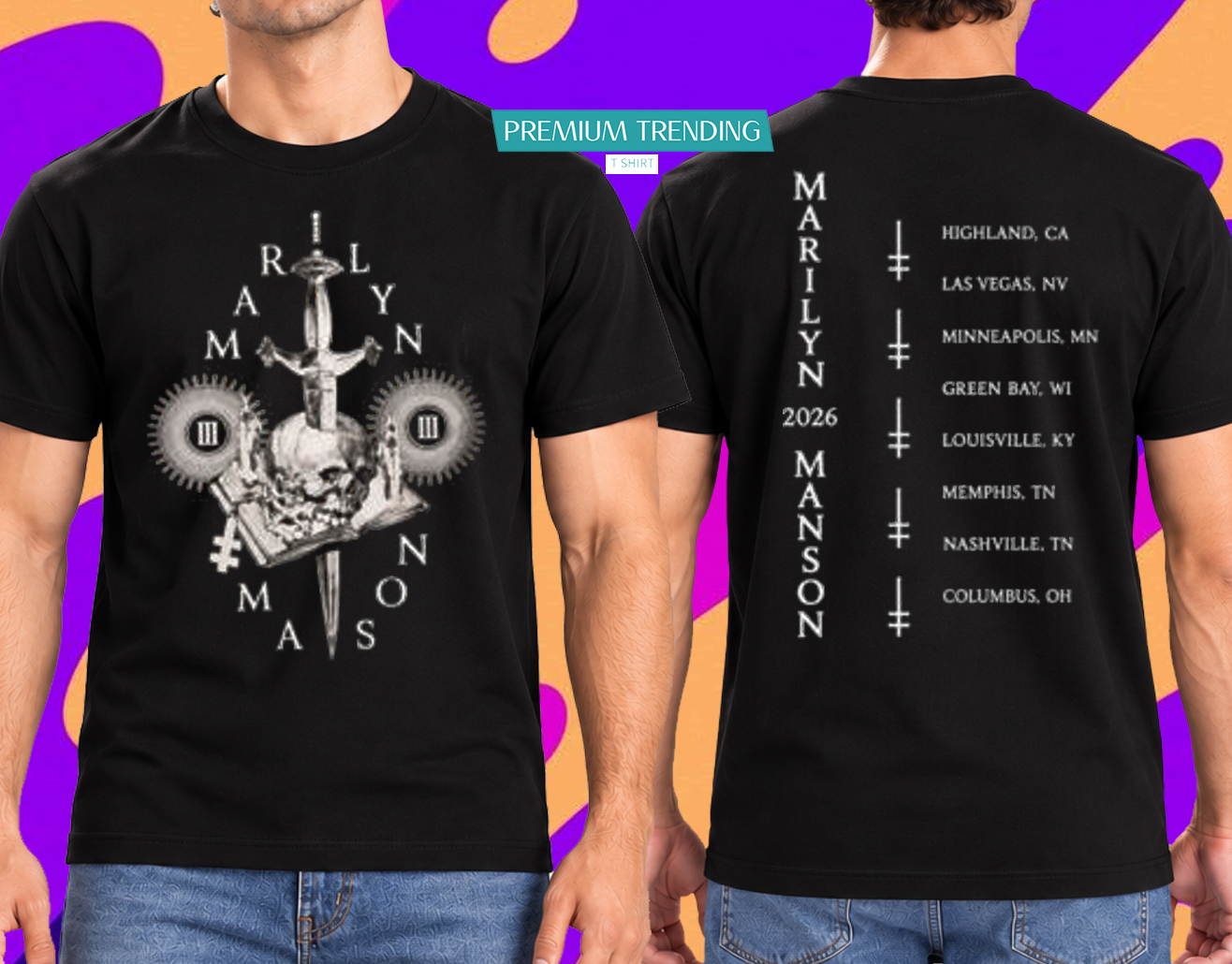 Marilyn Mason Tour 2026 Sword and Skull T-Shirt 2 Sided