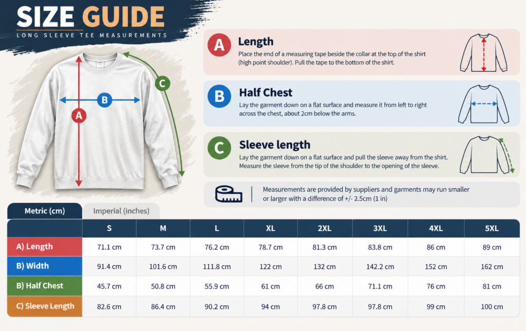 Unisex Long Sleeve Tee Size Guide