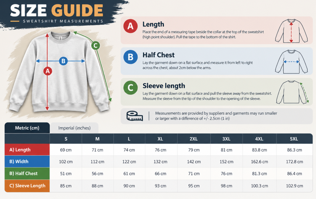 Unisex Sweatshirts Size Guide